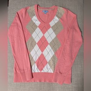 Vintage Izod V-Neck Argyle Sweater in Coral and Khaki